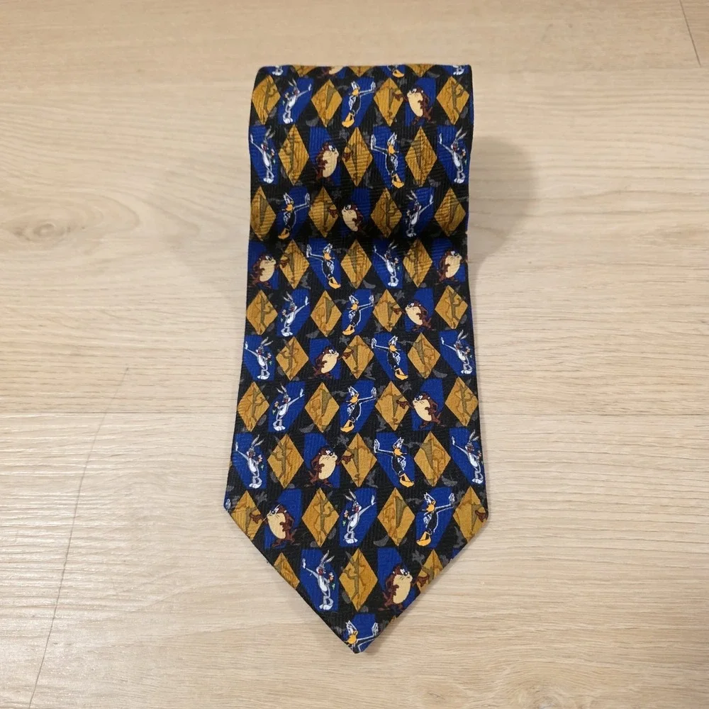 Looney Tunes Mania‎ Black Blue Gold Diamond Taz Daffy Bugs Bunny Cartoon Tie